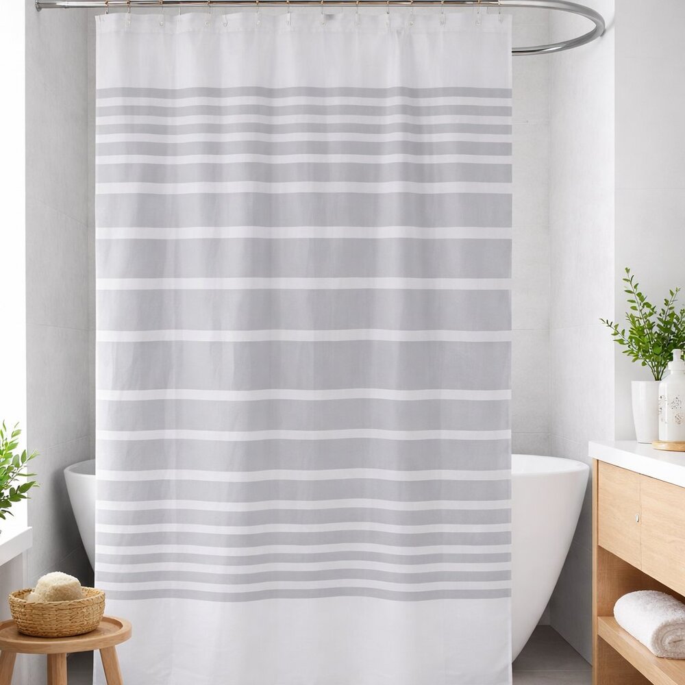 Comfort Bay 13-Piece Shower Liner Set – Gray & Clear Horizontal Stripe w 12 hook